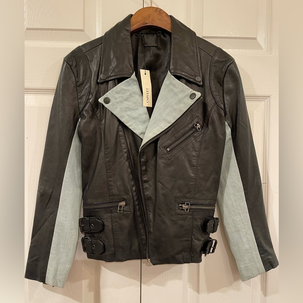 NWT denim combo leather jacket